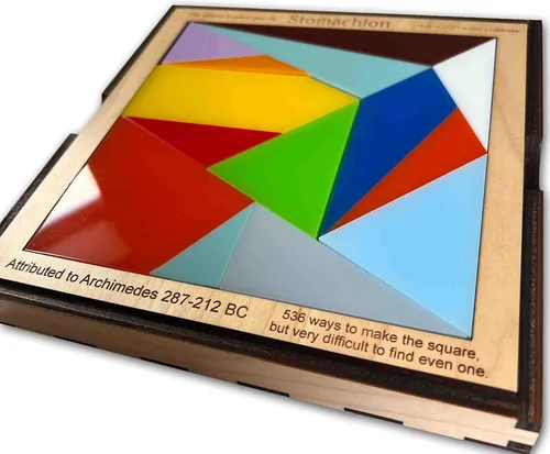 Vista 3 de Creative Crafthouse - Rompecabezas de estomacón para adultos, Arquímedes Acrylic tiles in a solid wood frame and tray. Rebuild the 7.5 inch square