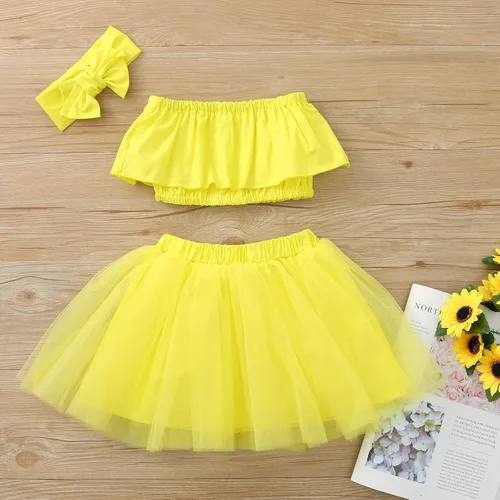 Vista 6 de POLG Trajes de bebé recién nacido, camiseta corta con hombros descubiertos, falda tutú de tul con diadema, ropa de verano de 3 piezas
