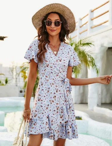 Vista 5 de Naggoo - Vestido de verano corto con diseño cruzado para mujer, vestido con cuello en V, estampado de lunares o floral, volantes, manga corta