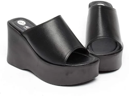 Vista 3 de Pantuflas de tacón alto con plataforma y puntera abierta para mujer, Negro, 7