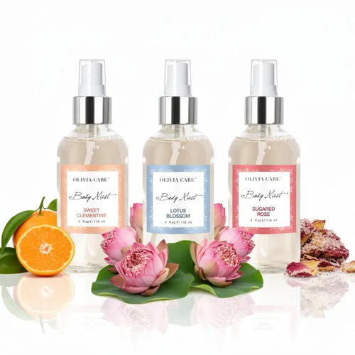 Vista 2 de Olivia Care Body Mist Trio, 3 aromas: flor de loto, rosa azucarada, clementina dulce (3 botellas en total (1 de cada aroma))