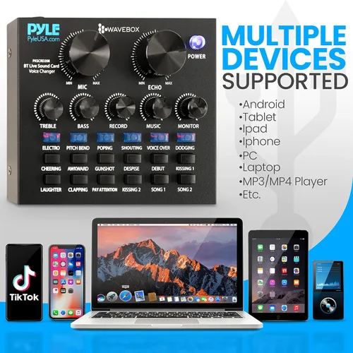Vista 5 de Pyle PKSCRD208 - Mini interfaz de audio Bluetooth, mezclador de podcasts, transmisión en vivo para PC y iPhone, cambiador de voz V8 con 12 efectos