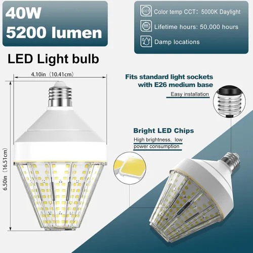 Vista 2 de GT-Lite Bombilla LED de mazorca de maíz de 5200 lúmenes, 40 vatios, equivalente a 300 vatios, color de luz diurna de 5000 K, base E26, bombilla