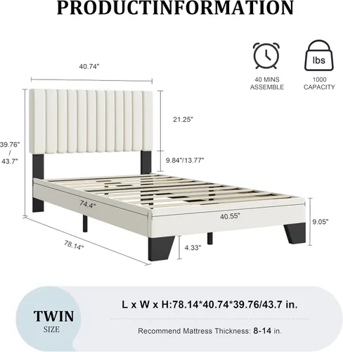 Vista 2 de Marco de Cama Tamaño Twin con Cabecera Capitonada Ajustable – Cama de Plataforma Tapizada en Terciopelo, Marco Resistente y Listones, No Necesita