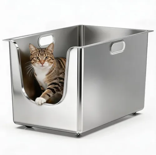 Vista 10 de Caja de arena de acero inoxidable con lados altos de 11.8 pulgadas, caja de arena de metal XL para gatos con entrada baja curva, bandeja de arena