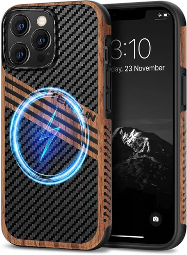Vista 8 de TENDLIN Compatible con iPhone 13 Pro Max, funda de grano de madera con textura de fibra de carbono, funda híbrida de cuero compatible con iPhone 13