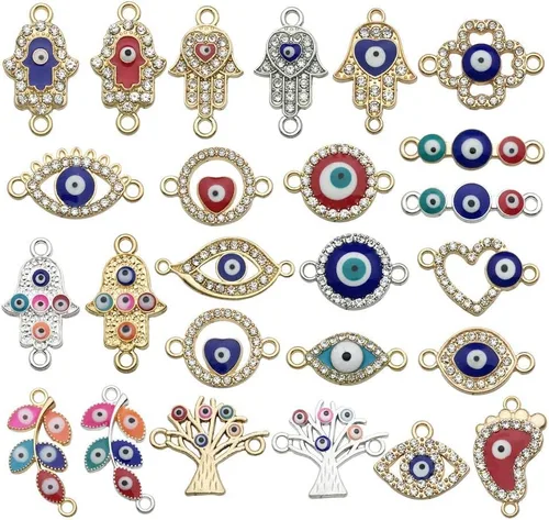 Vista 2 de 50 dijes de cuentas contra el mal de ojo para hacer joyas, varios conectores de mal de ojo, diamantes de imitación para mujer, pulseras, aretes