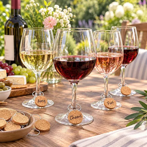 Vista 3 de DXYSQRX 30 dijes de vino para copas de tallo, dijes de corcho en blanco, regalos de copas de vino, marcadores de bebida para copas de vino, copas