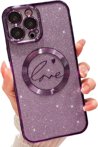 Vista 8 de Funda magnética con purpurina compatible con iPhone 11 Pro Max de 6.5 pulgadas, funda transparente de lujo, con diseño de corazón chapado en amor
