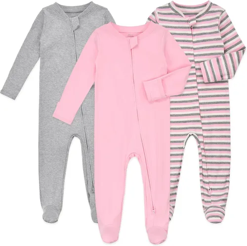 Vista 10 de Aablexema Pijama de bebé de algodón con puños de manopla, doble cremallera Azul/Gris/Rayas