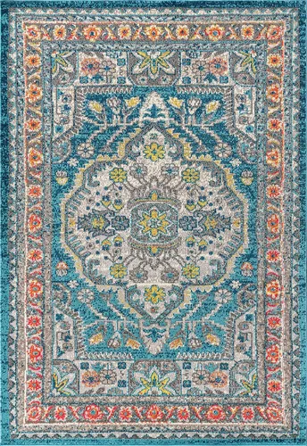 Vista 9 de JONATHAN Y Alfombra bohemia para interiores, color azul y amarillo, 3 x 5, medallón bohemio elegante, floral, fácil de limpiar, alto tráfico