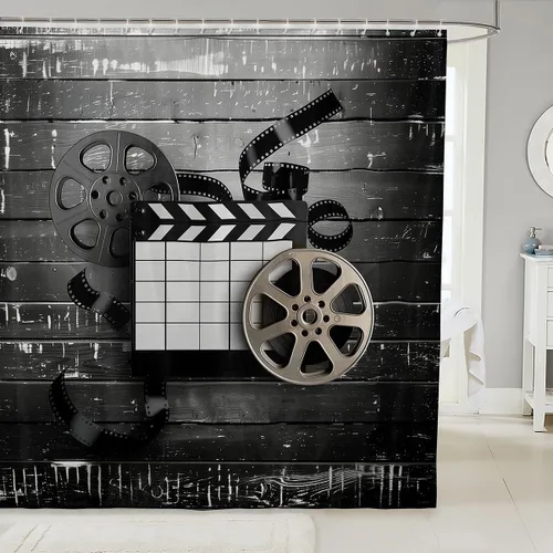 Vista 11 de Homewish Theater Cinema Poster Shower Curtain Set,Retro Movie Bathroom Curtain,Kids Girls Teens Popcorn Waterproof Fabrics Movie Night Bathroom