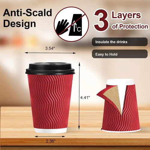 Vista 2 de Lamosi - Tazas de café con tapas, 12 onzas, paquete de 50 tazas desechables Rojo