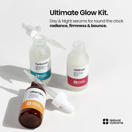 Vista 2 de Natural Outcome Ácido hialurónico, suero facial de vitamina C y suero facial de retinol, suero facial antienvejecimiento nocturno y día, juego