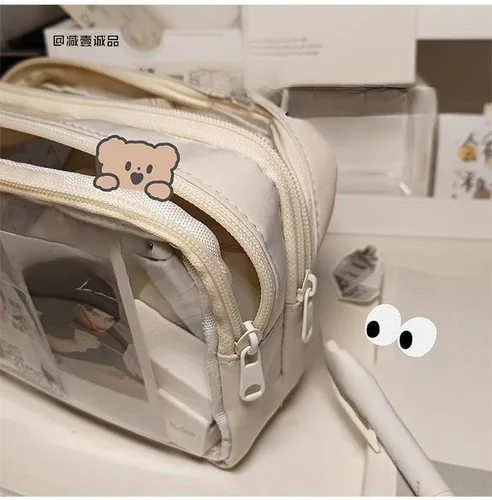 Vista 5 de Estuche para lápices estético transparente, estuche estético para lápices, bonito estuche grande para lápices estético (beige)