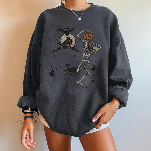 Vista 2 de UODSVP Tops de Halloween para mujer, casual, cuello redondo, estampado de color liso, manga larga