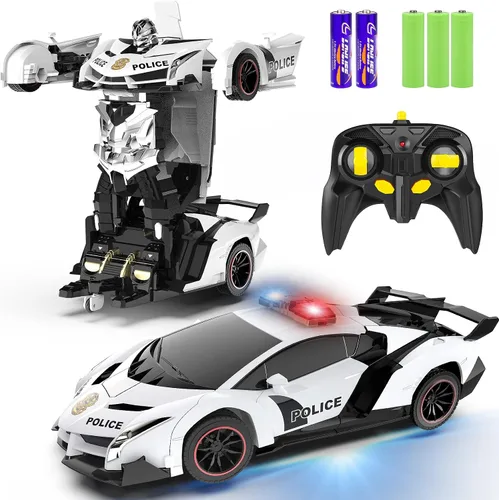 Vista 13 de FDJ - Auto a control remoto que se transforma en robot, transformación con un botón a robot con luz intermitente, juguete de policía para niños