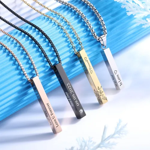 Vista 3 de INBLUE Collar de barra personalizado, colgante rectangular de acero inoxidable grabable personalizado chapado en oro de 18 quilates, regalo
