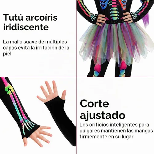Vista 4 de Disfraz de esqueleto para niños, 3 piezas, disfraces de Halloween para niñas