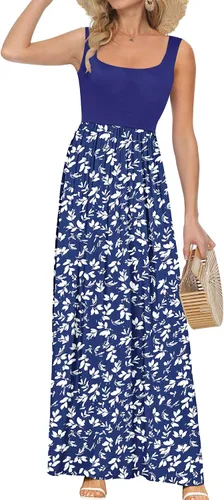 Vista 11 de AUSELILY Vestido largo con cuello cuadrado para mujer, sin mangas, floral, holgado, con bolsillos