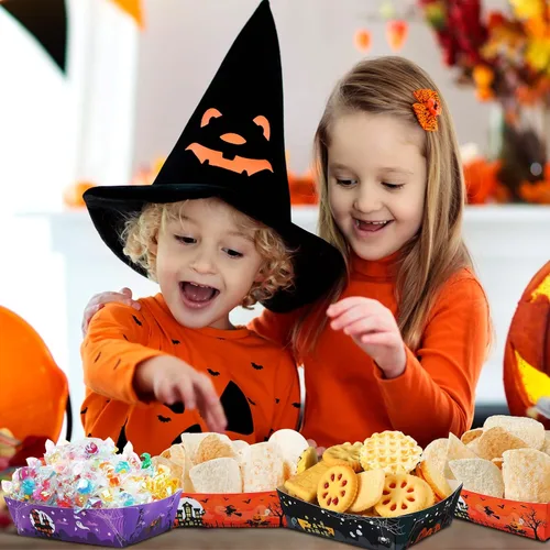 Vista 5 de Bandejas de papel de Halloween para alimentos, bandejas desechables para nachos, botes de papel, bandejas de servir para perros calientes, palomitas