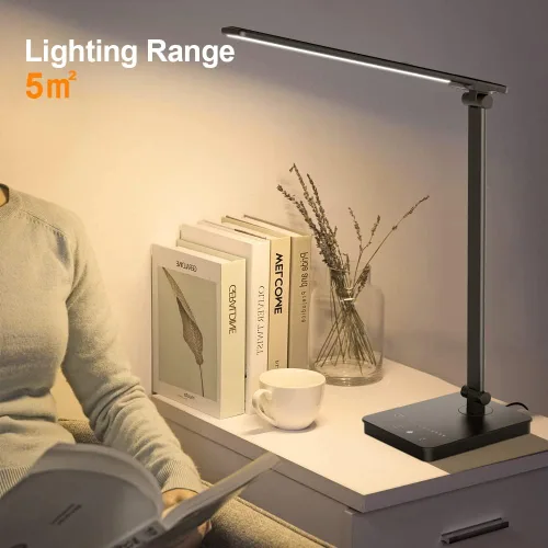 Vista 7 de Lámpara de escritorio LED para cuidado de los ojos, lámpara de mesa regulable con 2 puertos de carga USB y 10 niveles de brillo x 5 modos