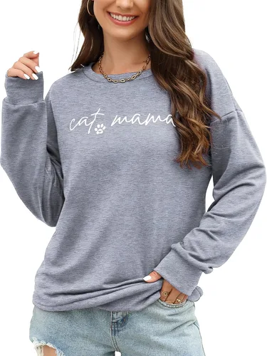 Vista 2 de Sudaderas con diseño de mamá de gato para mujer, camiseta de manga larga divertida con estampado de letras de mamá