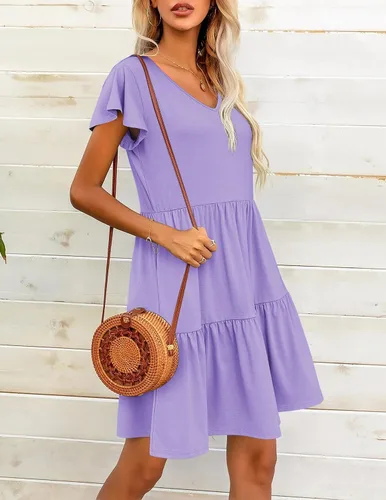 Vista 3 de HOTOUCH Vestido casual escalonado con bolsillos, cuello en V, con volantes, manga casquillo, vestido acampanado