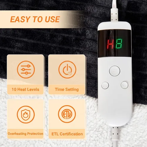 Vista 3 de Manta térmica eléctrica, manta térmica de franela suave con 8 horas de apagado automático, 10 niveles de calentamiento rápido, lavable a máquina