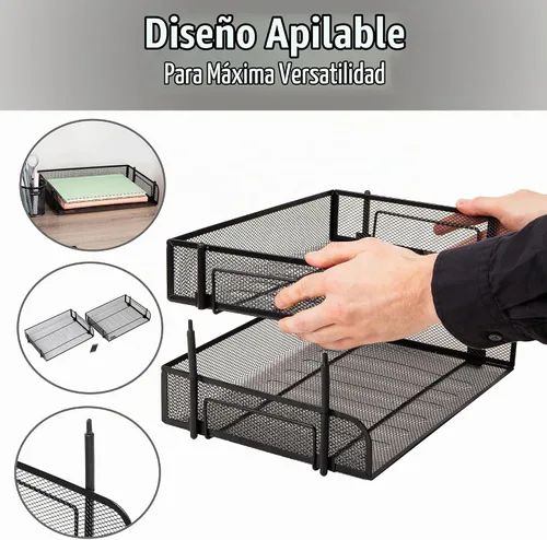 Vista 4 de Mind Reader Bandeja de papel apilable de 2 niveles, organizador de escritorio para documentos de tamaño carta, almacenamiento de archivos de Negro
