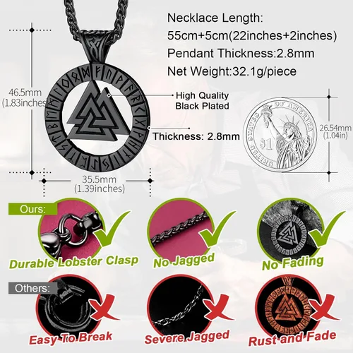 Vista 5 de FaithHeart Collar de medalla vikinga para hombre, resistente acero inoxidable, collar con colgante de mitología nórdica retro con caja de regalo