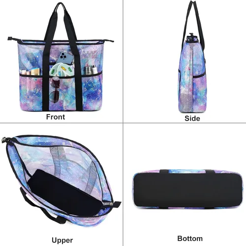 Vista 2 de CAMTOP Bolsas de playa para mujer, bolsa de playa de malla con cremallera, bolsas de conchas para niños, grandes para piscina, natación, vacaciones