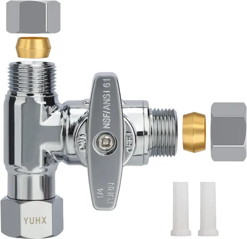 Vista 11 de Válvula Add-A-Tee de parada angular de latón, válvula de T de compresión de 3/8 x 3/8 x 1/4, Adaptador de agua de alimentación para refrigeradores