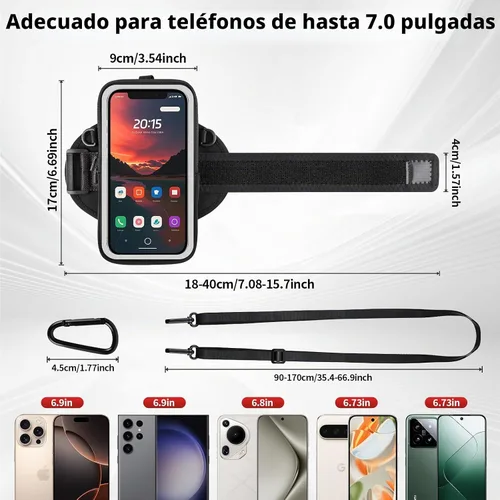 Vista 6 de Soporte para teléfono para correr, caminar y entrenar, brazalete para teléfono celular con mosquetón, bolsa cruzada transparente para teléfono