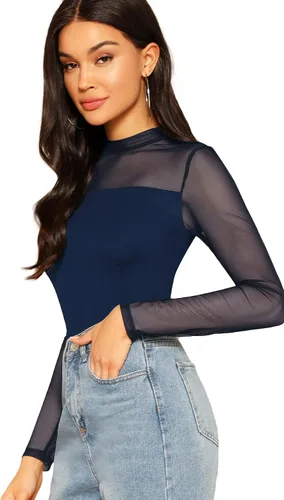 Vista 4 de Top SweatyRocks para mujer de manga larga, con malla transparente de contraste, ajustado