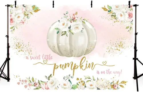 Vista 3 de Sendy Telón de fondo de calabaza de otoño de 7 x 5 pies para niña, una dulce calabaza está en camino, fondo de fotografía de baby shower, rubor rosa