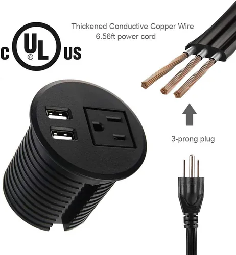 Vista 2 de Ojal de alimentación de escritorio de 2 3/8 pulgadas con orificios de mesa con 2 puertos de carga USB, cable de extensión de 6.5 pies con 1 toma