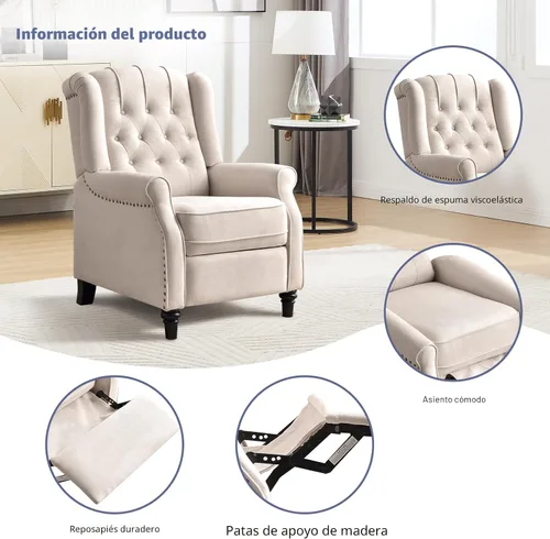 Vista 3 de Silla Reclinable Push Back, Silla de Acento de Tela Reclinable Push Back con Decoración de Remaches, Respaldo Abotonado Capitoné, Sillón Wingback