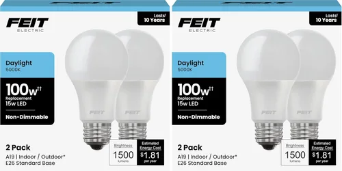 Vista 19 de Feit Electric Bombillas LED A19, equivalente a 100 W, no regulables, 1500 lúmenes, base estándar E26, blanco suave de 2700 K, 80 CRI, vida útil