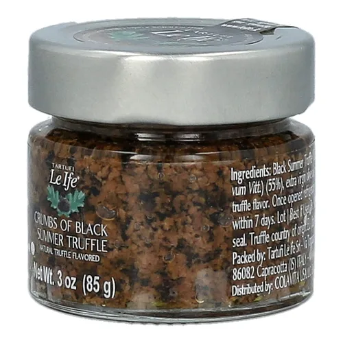 Vista 3 de Le Ife Crumbs of Black Summer Truffles en aceite de oliva virgen extra, guarnición gourmet de lujo para carne, pescado, pasta, vegetariana, vegana