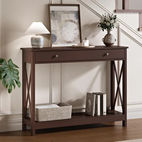 Vista 10 de Mesa consola de madera Treocho Farmhouse con cajón y estantes de almacenamiento, mesa de sofá estrecha para entrada, sala de estar, pasillo