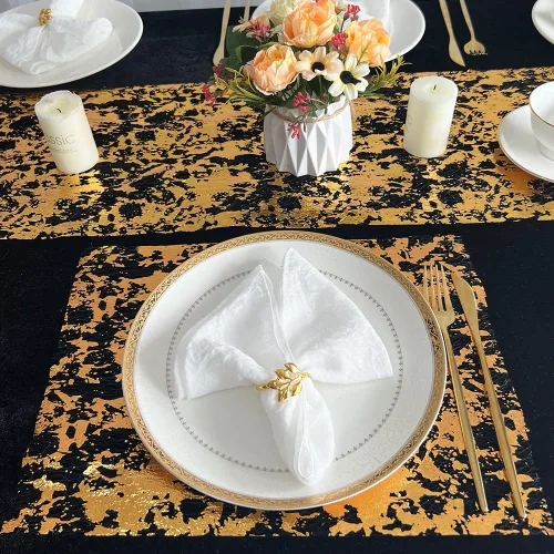 Vista 5 de Camino de mesa negro y dorado de 11 pulgadas x 49 pies de malla dorada metálica para despedida de soltera, comedor, boda, fiesta, decoración de mesa