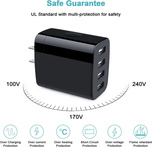Vista 3 de Bloque de cargador USB de 4 puertos, paquete de 2 enchufes de cargador de pared con múltiples salidas USB, cubo de carga, caja de enchufe de pared