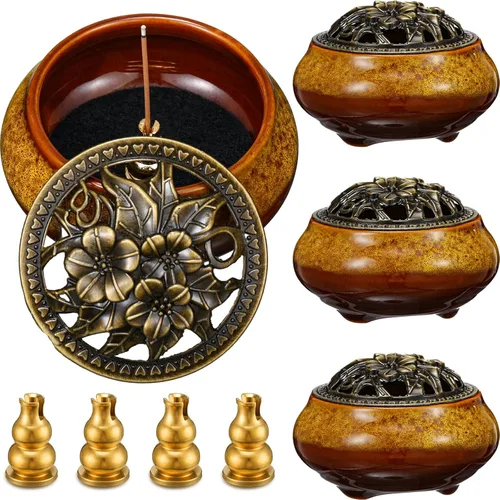 Vista 7 de Maxcheck Quemador de incienso de cerámica con tapa de cobre, soporte de incienso de metal, quemador de cono de loto para sándalo, palo, santo, Azul