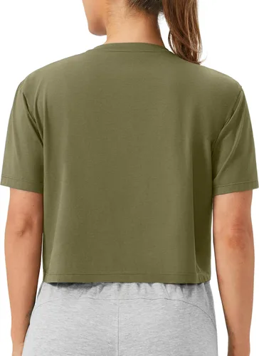 Vista 3 de THE GYM PEOPLE - Camiseta de entrenamiento para mujer, manga corta, básica, recortada, deportiva, de yoga, para correr, estilo boxy Verde militar