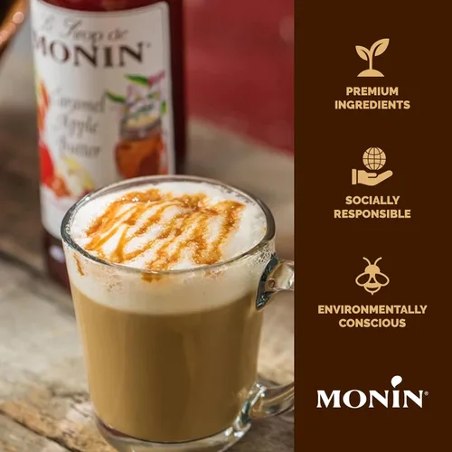 Vista 4 de Monin - Jarabe de mantequilla de manzana con caramelo, sabor a caramelo mantecoso y manzana cocida, sabores naturales, ideal para lattes calientes