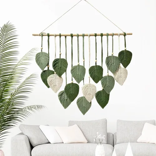 Vista 5 de MSFENG Tapiz para colgar en la pared, diseño de hojas, bohemio, decoración de pared tejida con plumas tejidas a mano, borlas de hilo tejido, Verde