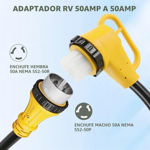 Vista 5 de Enchufe de bloqueo giratorio de 50 amperios macho a 50 amperios con bloqueo de 90 grados, adaptador de RV hembra para cable de extensión RV de 50