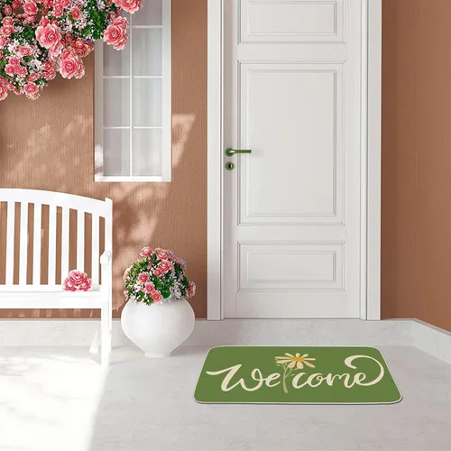 Vista 5 de Tapete decorativo de bienvenida de primavera, tapete decorativo con flores, tapete de bajo perfil, para decoración del hogar, interiores