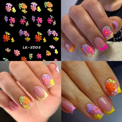 Vista 2 de Calcomanías de arte de uñas de flores, holográficas 5D en relieve de flores en relieve de corazón, calcomanías autoadhesivas para uñas, decoración